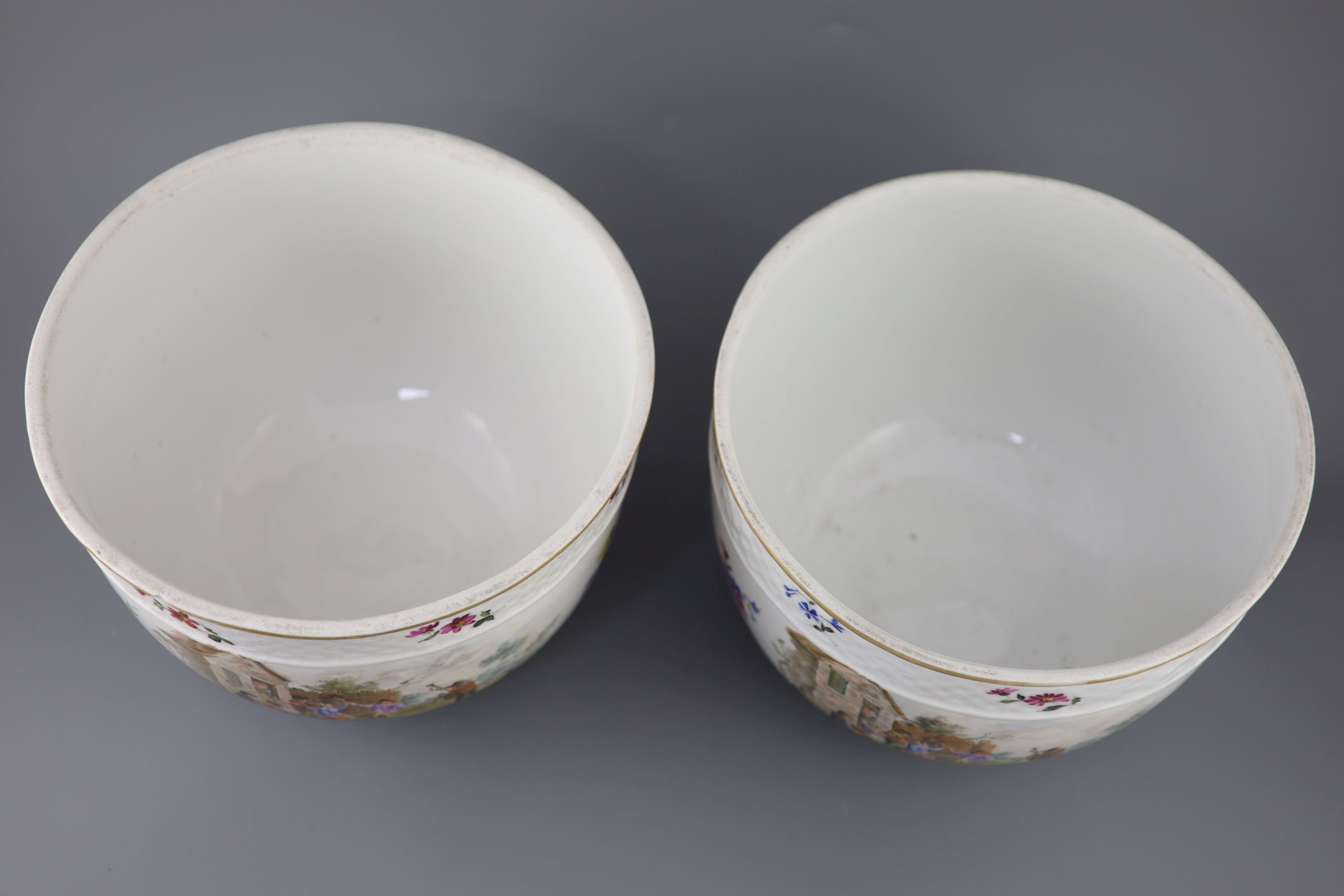 A pair of large Meissen style porcelain bowls and covers, late 19th century, possibly Potschappel, 34cm high 29cm diameter